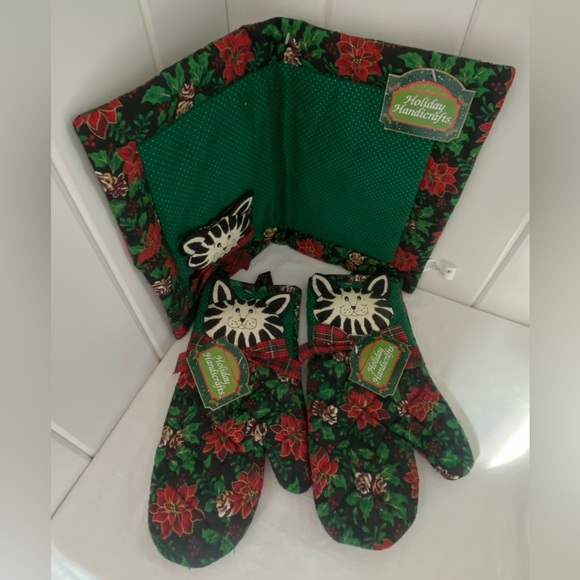 90s Christmas Cat Mitt potholder placemat SET quilted Holiday LOT Vintage Franco - Picture 3 of 16